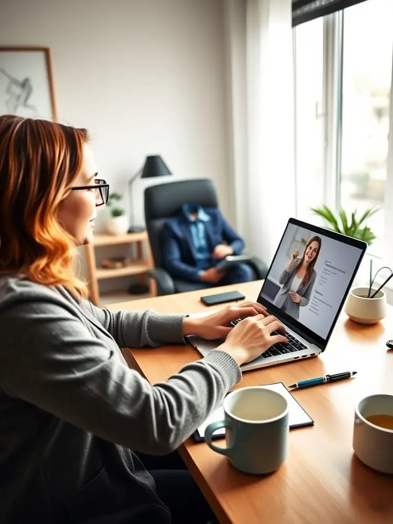A business coach facilitating a remote session with a client, using video conferencing to discuss business strategies and provide guidance.