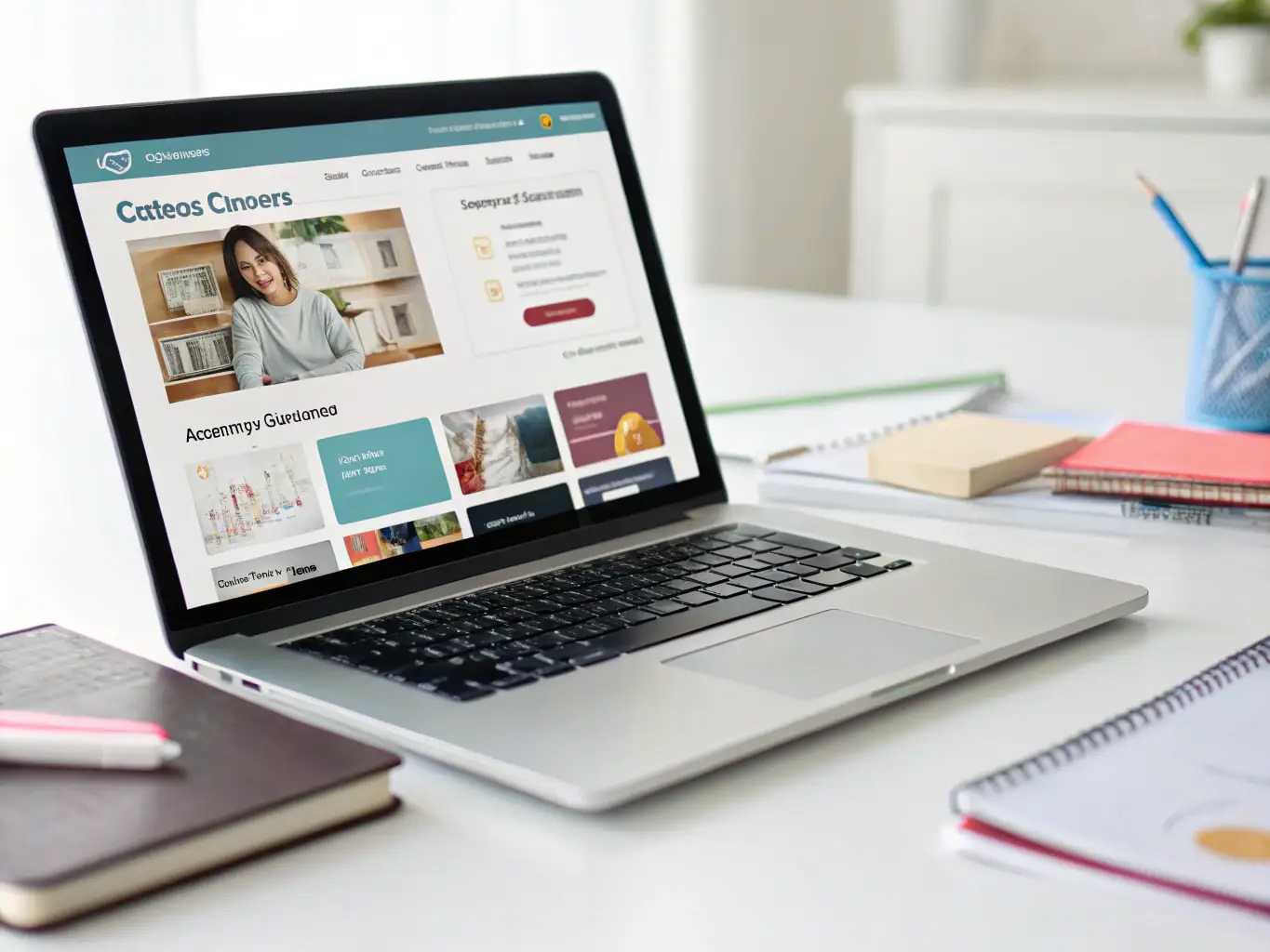 A laptop screen displaying an online course module with engaging visuals and downloadable content, illustrating accessible online learning resources.