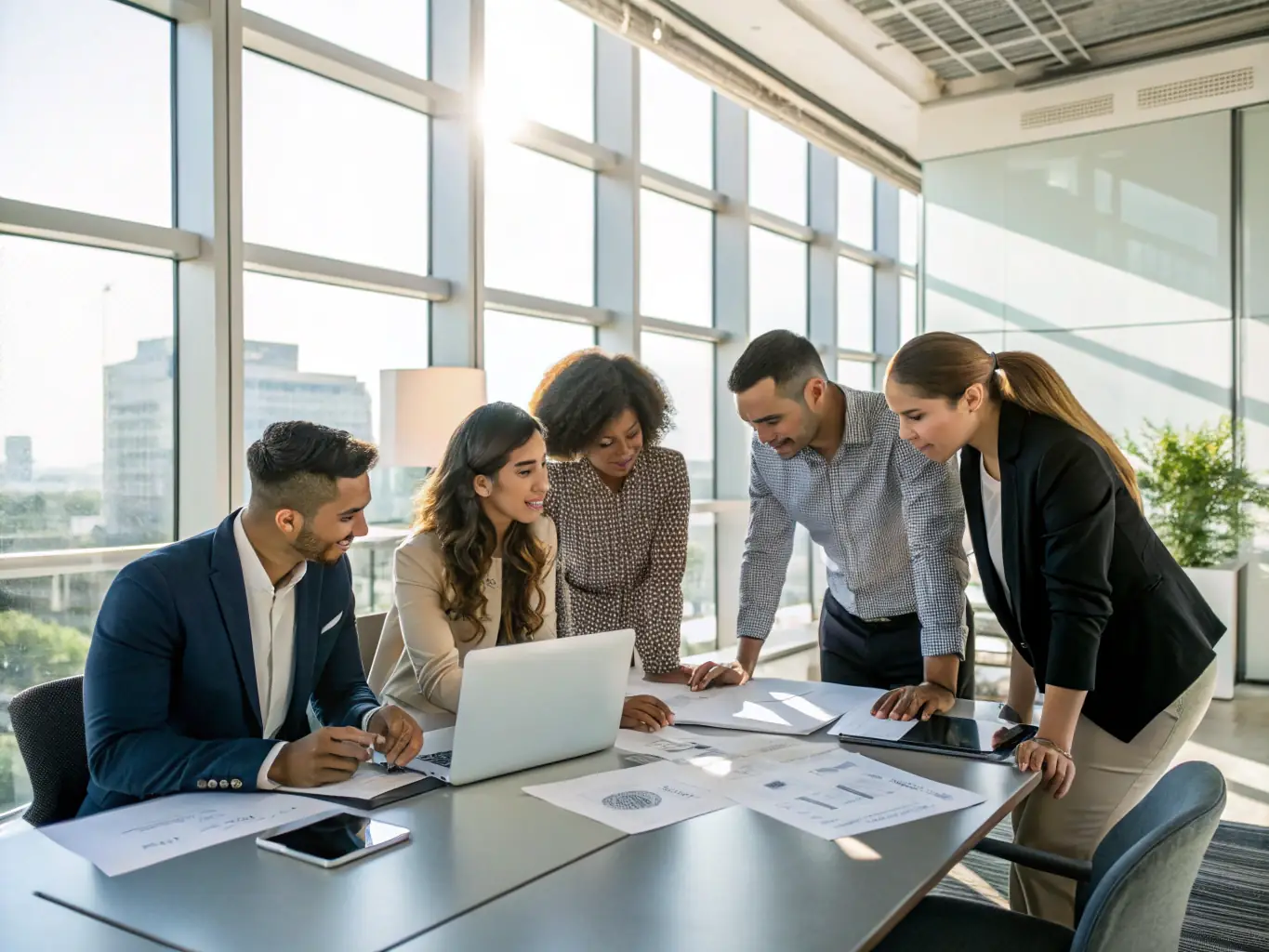 A group of professionals participating in a workshop, engaging with a facilitator in a bright, modern conference room, representing collaborative learning.