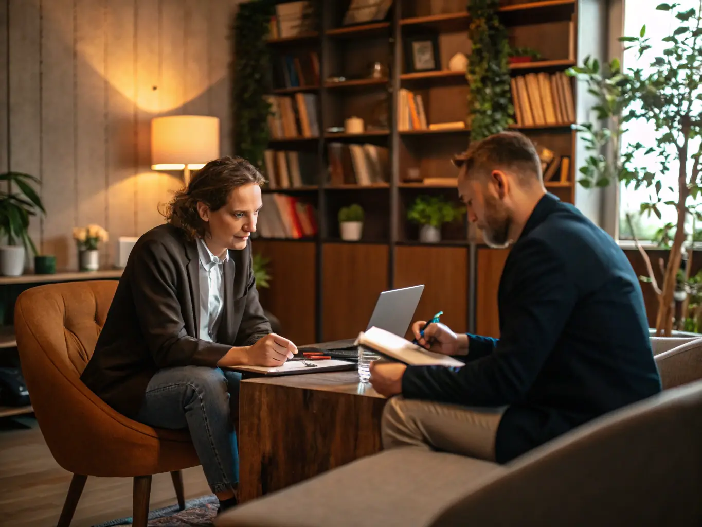 An image of a coach and client engaged in a focused one-on-one session, with notes and a laptop on the table, symbolizing personalized business coaching.