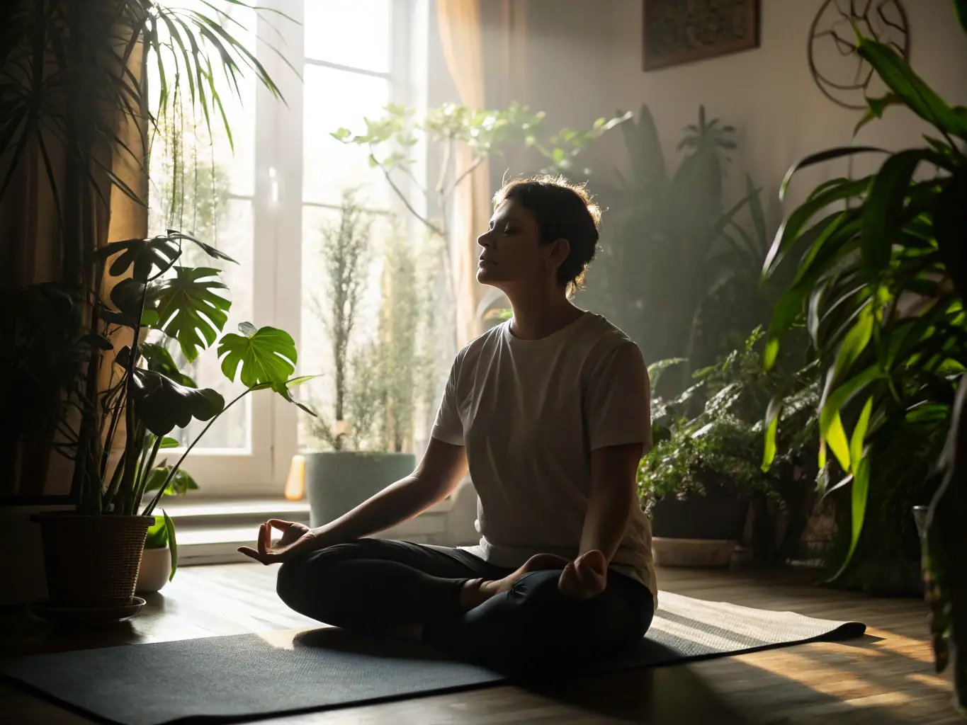 A person meditating in a peaceful environment, symbolizing mental clarity and focus.