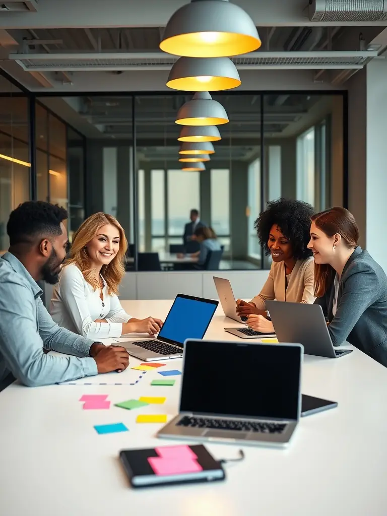 A diverse group of professionals actively participating in a business workshop, with a facilitator leading a discussion on career growth hacks and mindset development.