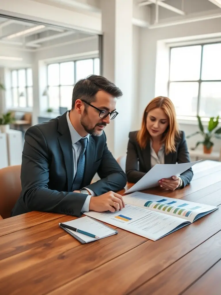 A professional business coach in a modern office setting, guiding a client through a strategic planning session, with charts and graphs visible on a large screen in the background.