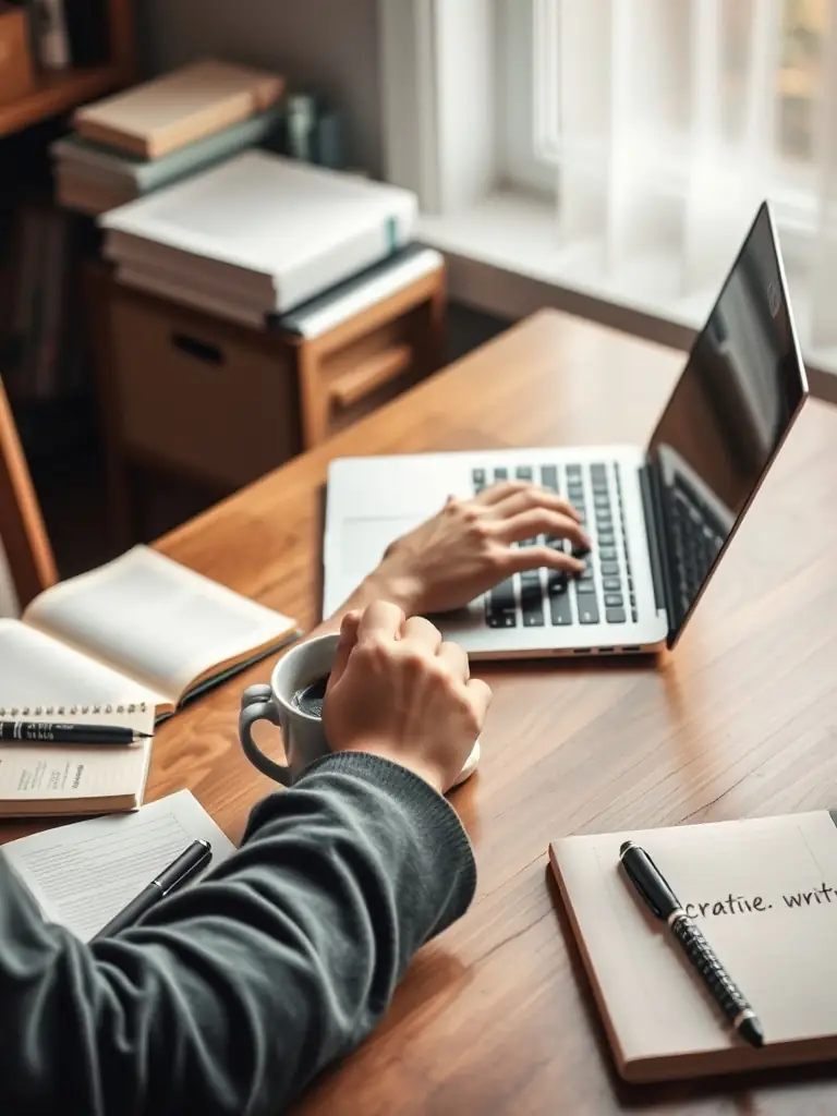 A person studying on a laptop with a cup of coffee, surrounded by notes and books, indicating a focus on online learning and resource utilization for business growth.